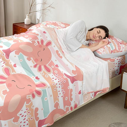 Cute Axolotl Sheet Set Twin Size,Kids Girls Cartoon Animals Bed Sheet Set 3pcs(Deep Pocket Fitted Sheet + Flat Sheet + 1 Pillowcase) Rainbow Stripes Romantic Bedding Set,Cute Christmas Bedroom Decor