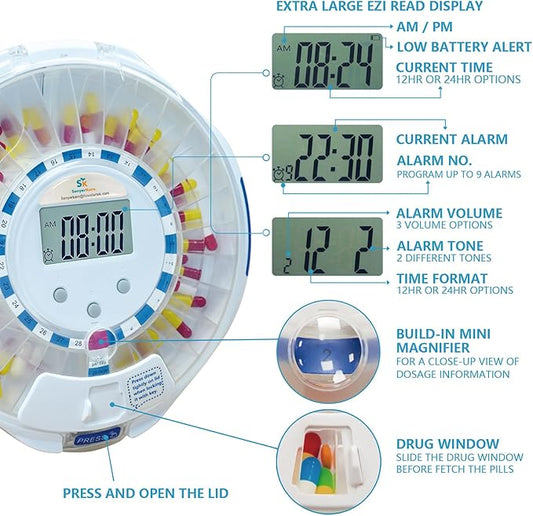 28-Day Bluetooth Automatic Pill Dispenser, Key Lock Security, Medication Dispenser up to 9 Alarms/Day, Sound & Light Alarms, Ezi-Read LCD & App Alert for Prescriptions, Vitamins, Clear Lid