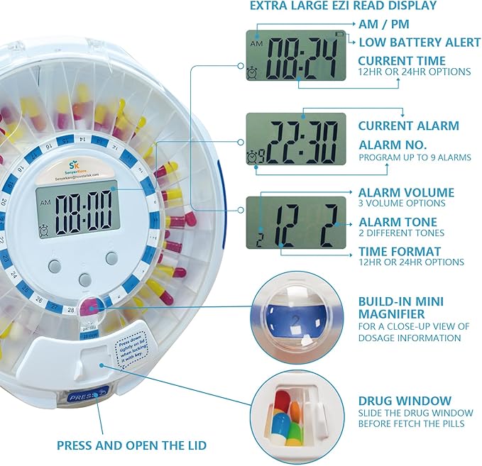 Bluetooth Automatic Pill Dispenser for Elderly, Key Lock Security, Sound & Light Alerts, 9 Dosage Templates, 28-Day Frosted Lid Medication Dispenser for Protecting Pills Privacy