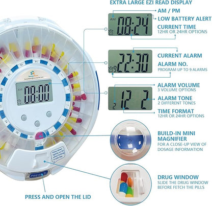Bluetooth Automatic Pill Dispenser for Elderly, Key Lock Security, Sound & Light Alerts, 9 Dosage Templates, 28-Day Frosted Lid Medication Dispenser for Protecting Pills Privacy