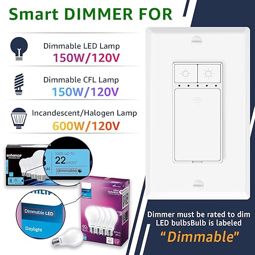 Greencycle Smart Dimmer Switch,1PK Single Pole, Needs Neutral Wire,2.4GHz WiFi Light Switch,Work with Alexa and Google Home, ETL Certified,No Hub Required,for Dimmable 150W LED CFL,600W Incandescent