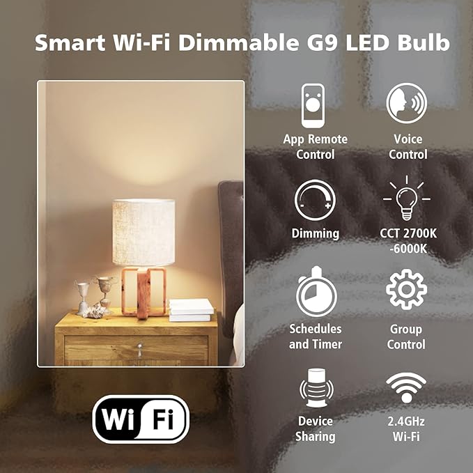 YUIIP Smart Dimmable LED Light Bulb, 4W G9, Replacement 40W Halogen, Wi-Fi & Voice Control, 400Lm, 2700K-6000K, 4 Pack