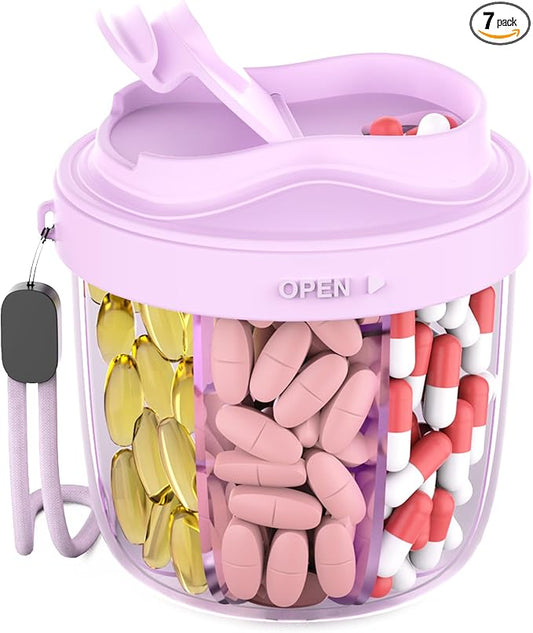 Pill Organizer with 7 Compartments, Pill Box Case for Holding 7 Different Vitamins, Anti-Mix Design for Easy Medication Retrieval. Travel Pill Organizer with 20 Labels. Pill Container（Purple）