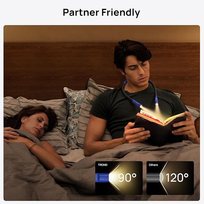 TROND LED Neck Reading Light, 3 Color 3 Brightness Book Light for Reading in Bed, 1000mAh Rechargeable Lamp, Flexible Arm with Outdoor Warning Lamp, Eye-Caring for Crochet, Travel, Book Lovers Gifts