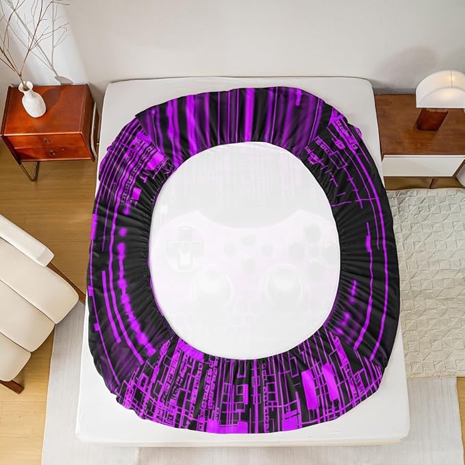 3D Games Gamepad Kids Sheet King Size,Modern Videogaming Gamer Controller Bedding Set,Boys Girls Room Decor,Geometric Neon Lights Fashion Purple Bed Sheet Set 4pcs(Fitted + Flat + 2 Pillowcases)