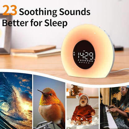 Wake Up Light Sunrise Alarm Clock with Sunrise Sunset Simulation 23 Nature Sleep Sounds 13 Colors Night Light Dual Alarms Snooze Function Sleep Aid for Heavy Sleepers Kids Adults (White)