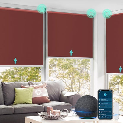 Allesin Motorized Roller Shade Blinds Compatible with Alexa for Window, Blackout Smart Shades Cordless with Remote Control, Electric Automated Blinds, Customized Size, Lithium Battery Motor(Dark Red)