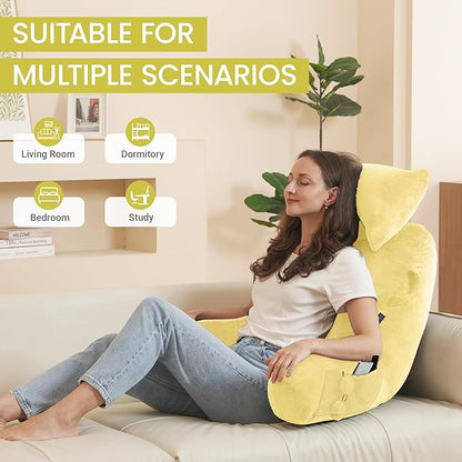 Portable Reading Pillows with Headrest for Bed Sitting Up(Yellow Oeko-Tex), Velvet Back Pillow with Arms & Pockets for Adults, Support Memory Foam Bed Pillow for Dorm/Reading/Watching/Gaming