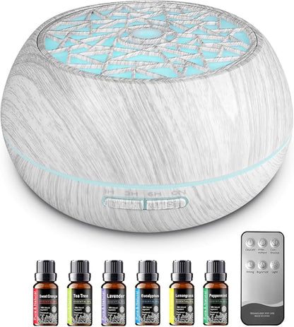 550ml Large Capacity Essential Oil Diffuser 6 Essentil Oil Set Aromatherapy Ultrasonic Air Humidifier with Timer and 7 Color LED Night Light Remote Control Waterless Auto-Off White Wood Grain