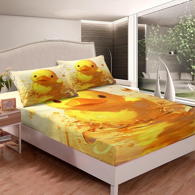 Lovely Duck Kids Fitted Sheet Queen Size,Cartoon Bird Animal Country Nature Bedding Set,Boys Girls Room Decor,Cute Pond Animals Farmhouse Bed Cover,Yellow Rustic Bed Sheet,2 Pillowcases
