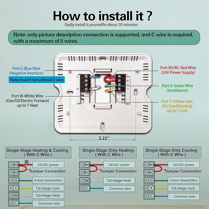 WiFi Thermostats for Home Single-Stage 1Heat/ 1Cool, APP Remote Control, 7-Day or 0-Day Programmable. (C-Wire Required)