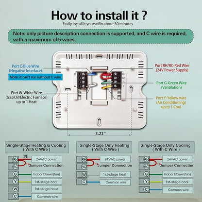 WiFi Thermostats for Home Single-Stage 1Heat/ 1Cool, APP Remote Control, 7-Day or 0-Day Programmable. (C-Wire Required)