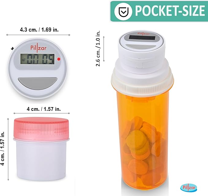 Portable Pill Organizer Dispenser with Timer Cap for Medication, Supplements and Vitamins. Perfect for Travel or Home Use.