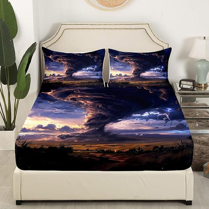 3D Tornado Fitted Sheet Twin Size,Mystic Sky Purple Lightning Paint Bed Sheet with 1 Pillowcase,Natural Disaster Desert Sky Clouds View Soft Decorative Fabric Bedding,Room Gift