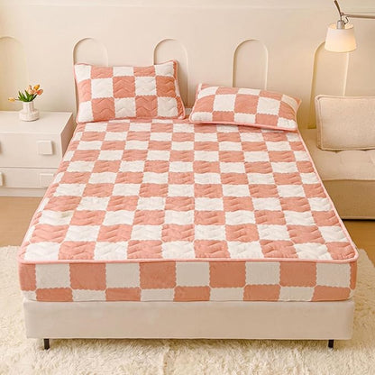 Milk Velvet Checkered Bedding Mattress Cover, Super Soft Elastic Bed Sheets with Pillowcase - Washable 12'' Deep Pocket Mattress Pad