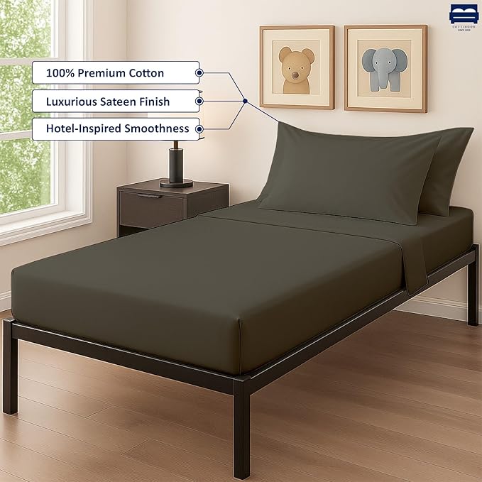 Cottingon 33"x75" Cot Sheet and Pillow Case 4 Piece Set, 100% Egyptain Cotton Soft Bedding Perfect for Rollaway, Folding, Guest Bed Frame, Fits Upto 7" Deep Mattress, Dark Grey Solid