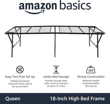 Amazon Basics Foldable Metal Platform Bed Frame with Storage, Sturdy Steel, No Box Spring Needed, 18 Inches High, Tool-Free Easy Assembly, Noise-Free, Queen Size, Black