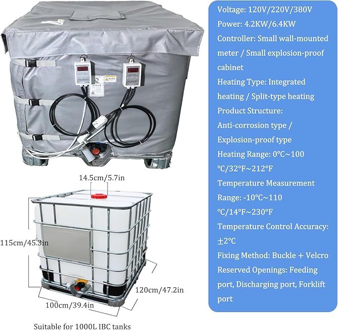 Ibc Heater Blanket, Ibc Tote Winter Blanket, Smart Temperature Control Up To 100°c, 500l/1000l, Heating Pad For Winter With Thermostat, For Petroleum, Chemical, Food Processing Grey 1000L 4200W
