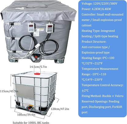 Ibc Heater Blanket, Ibc Tote Winter Blanket, Smart Temperature Control Up To 100°c, 500l/1000l, Heating Pad For Winter With Thermostat, For Petroleum, Chemical, Food Processing Grey 1000L 4200W