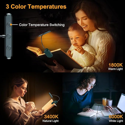 Gritin Rechargeable Book Light for Reading in Bed with 19 LED &Memory Function-Eye Caring 3 Color Temperatures,5 Brightness Levels,90 Hrs Runtime Flexible Goose Neck Clip on Light-Aquamarine
