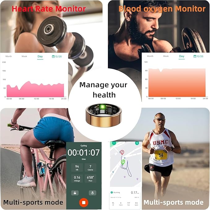 Smart Ring for Women Men, Health Fitness Tracker Ring, IP68 Waterproof Rings, Sleep Ring with Charging Case and Ring Protector, Remote Photography, Family Care, No App Fees(Rose Gold, 11#)