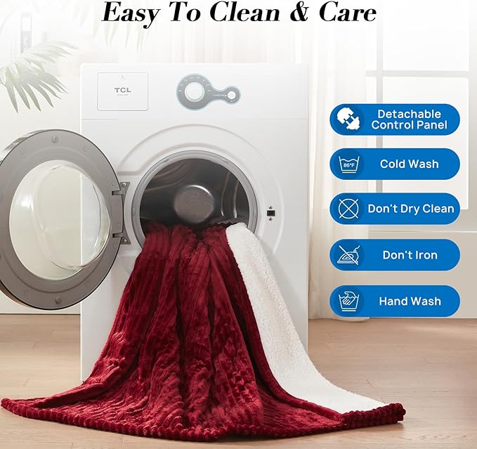 Westinghouse Electric Blanket Twin, Soft Ribbed Flannel to Sherpa Heated Blanket with 10 Heating Levels & 1-12 Hours Auto Shut Off, Fast Heating & Machine Washable, 62x84 Inch, Red