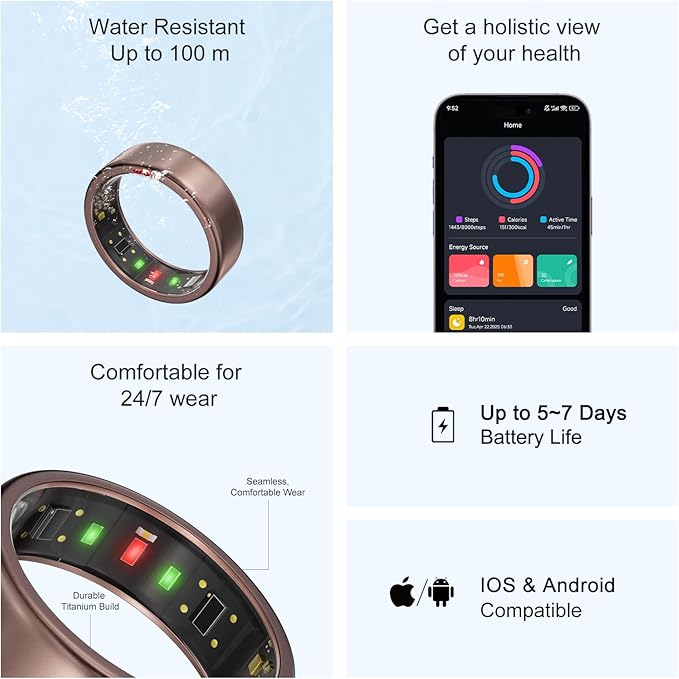 Ring OnePlus - Ultra-Thin Titanium Smart Ring - 7 Days Battery Life - Fitness/SPO₂/Stress/HR/Sleep Skin Temperature Tracker - No App Fee - iOS&Android Compatible (Rose Gold, 9)