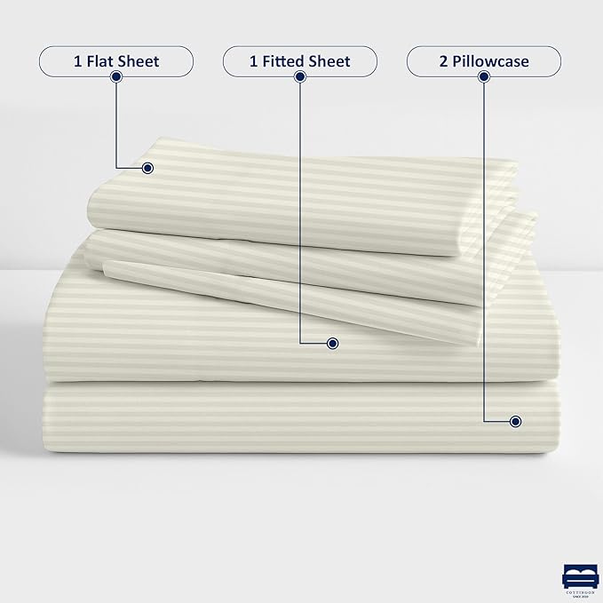 Ivory Stripe 4-Piece Cot Bed Linen Set - Fitted Sheet 33" x 75", Flat Sheet 64" x 94", 2 Pillow Cases 20" x 30" - Perfect for Folding Guest or Rollaway Beds