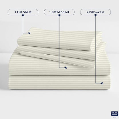Ivory Stripe 4-Piece Cot Bed Linen Set - Fitted Sheet 33" x 75", Flat Sheet 64" x 94", 2 Pillow Cases 20" x 30" - Perfect for Folding Guest or Rollaway Beds