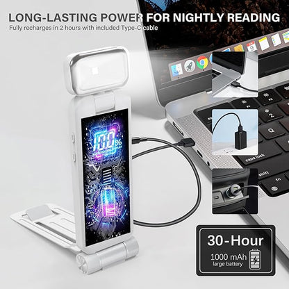 Rechargeable Clip-On Book Light with Battery Indicator — 9 Modes (3 Color × 3 Brightness), USB-C Fast Charge, Ultralight 1.6 oz & 0.49" Slim, Bed Reading Lamp Stocking Stuffer for Book Lovers, White