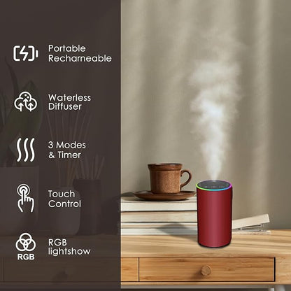Waterless Essential Oil Diffuser, Battery Powered Mini Scent Air Machine, Aromatherapy Mist Diffuser for Home Room Car Office (red)