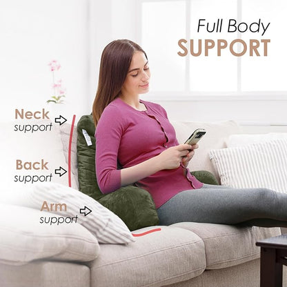 Nestl Reading Pillow with Shredded Memory Foam, Designed for Sitting Up in Bed and Couch, Back and Arms Adjustable Support for Adult & Teens Backrest Pillows for Reading, Washable Cover, Olive Green