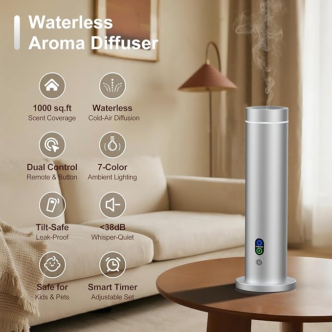 Maromalife Waterless Diffuser, 1000 Sq.Ft Coverage, Essential Oil Diffuser with Tilt-Safe, Remote Control, Adjustable Mist, Mood Lights Aromatherapy Diffuser for Home, Room, Office, Hotel, Metallic