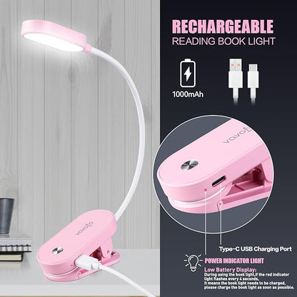 VAVOFO Rechargeable Book Light, 14 LEDs Eye Care Clip On Amber Reading Light for Bookworms Reading in Bed with 9 Colors 9 Brightness (Pink)