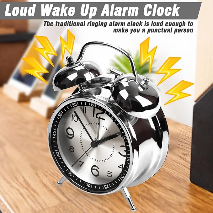 Super Loud Alarm Clock for Heavy Sleepers Adults,Twin Bell Retro 4 Inch Silent Non-Ticking Quartz with Backlight, Metal dial, Alarm Clocks for Bedrooms Bedside (Gray)