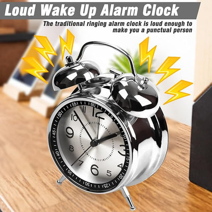 Super Loud Alarm Clock for Heavy Sleepers Adults,Twin Bell Retro 4 Inch Silent Non-Ticking Quartz with Backlight, Metal dial, Alarm Clocks for Bedrooms Bedside (Gray)