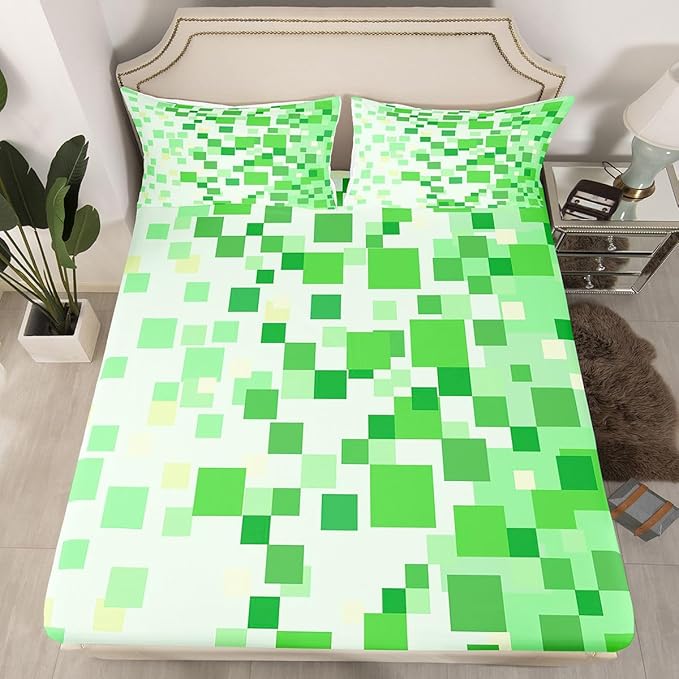 Pixelated Game Kids Full Size Fitted Sheet,Video Games Abstract Gaming Boys Girls Bed Sheets,Geometric Gamepad Square Room Decor,Light Green Bedding Set,2 Pillowcases(No Flat)