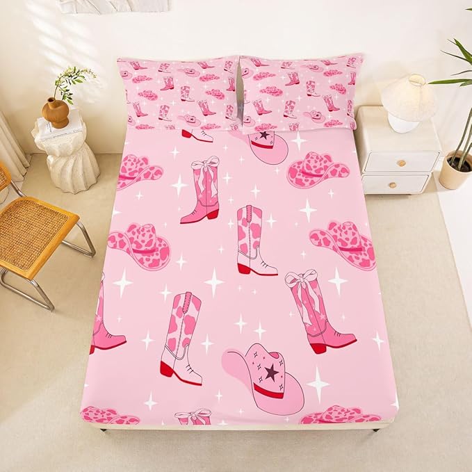 Cowgirl Pink Bed Sheet Set 3 Pieces,Western Cowgirl Boots Hats Tribal Microfiber Bedding Set Without Flat,Cartoon Lightning Pink Cowhide Starry Fitted Sheet,2 Pillow Cases,Full Size