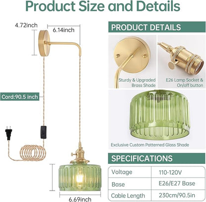 Vintage Wall Sconce Wall Lamp with Green Striped Glass Shade Hanging Wall Sconce with 4.9FT Plug in Cord, Modern Wall Lamp Fixtures Decor for Bedside Bedroom Indoor Doorway