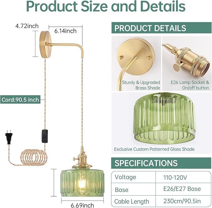 Vintage Wall Sconce with Green Striped Glass Shade Hanging Wall Sconce with 4.9FT Plug in Cord, Modern Wall Lamp Fixtures Decor for Bedside Bedroom Indoor Doorway, Set of 2