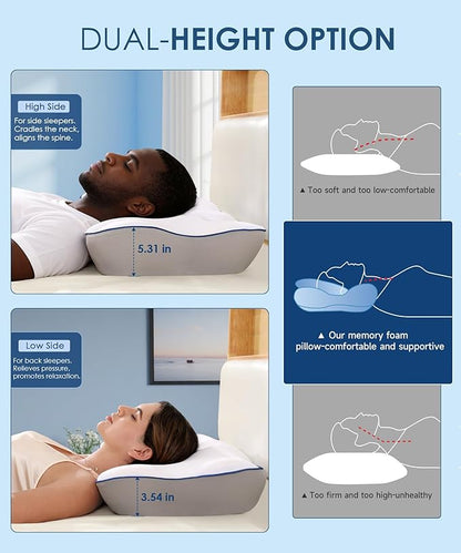 Cervical Neck Pillow for Pain Relief, Ergonomic Side Sleeper Pillow for Neck Support, Cooling Memory Foam Pillows Contour Orthopedic Bed Pillow for Back Stomach Sleepers (White)