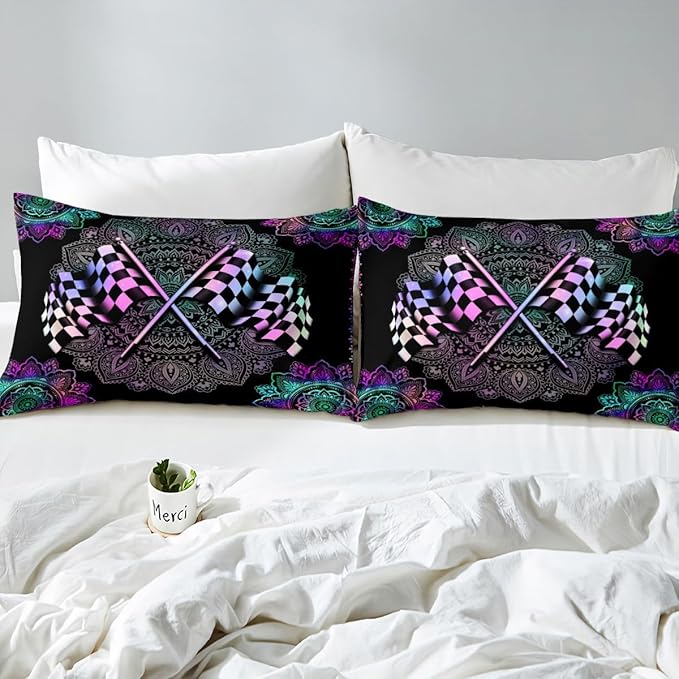 Exotic Bohemian Lotus Mandala Fitted Sheet Queen Size Black White Checkered Flag Print Bedding Sheet Set Racing Car Bed Cover Ultra Soft Breathable Bedding 3 Pcs