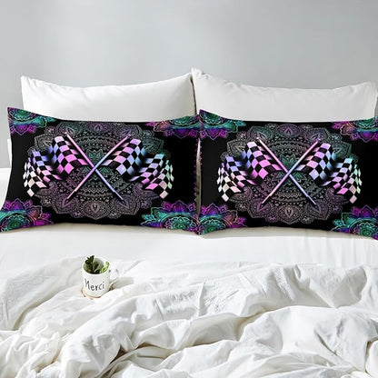 Racing Car Bedding Set Twin Size Black White Checkered Flag Print Bed Set for Teens Bedroom Decor Kids Sheet Microfiber Exotic Bohemian Lotus Mandala Bed Cover(1 Fitted Sheet+1 Pillow Case)