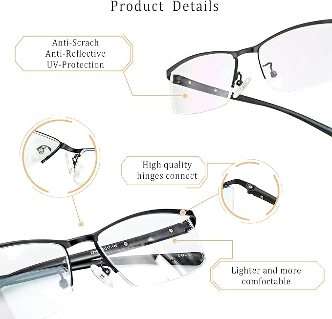 LifeArt Alloy Semi-Rimless Reading Glasses,Blue Light Blocking Glasses, Anti Eyestrain, Computer Gaming Glasses, TV Glasses for Women, Anti Glare (Black, +0.50 Magnification)