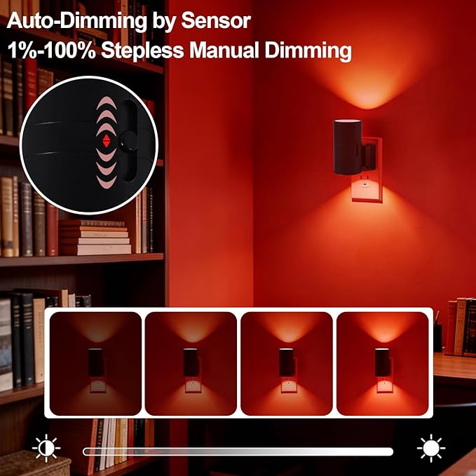 670nm Red Light Night Light for Sleep - Zero Blue Light, Adjustable Brightness & Energy Efficient Night Light Plug into Wall with Dusk-to-Dawn Sensor for Nursery, Bedroom, Bathroom[8 Pack]