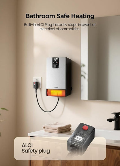Wall Heater for Bathroom, 1500W Fast Heating Electric Space Heater with ALCI Plug, Adjustable Thermostat, 3 Heating Modes, 24H Timer, Easy Mounted Heater for Indoor Use, Home, Office, Silver