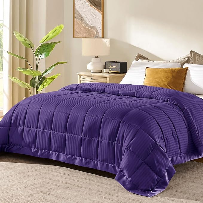 downluxe Queen Size Blanket with Satin Trim, Lightweight Down Alternative Blankets Queen Size for All Season, Machine Washable (Purple, 90x90 Inch)