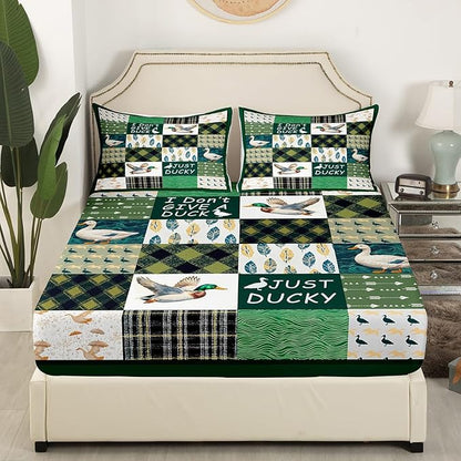 Mallard Duck Kids Fitted Sheet Queen Size,Geometric Grids Arrows Patch Bedding Set,Boys Girls Room Decor,Hunting Animal Wildlife Rustic Cabin Bed Cover,Green Bed Sheet,2 Pillowcases(No Top Sheet)