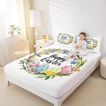 Easter Bed Sheet Twin Size Easter Eggs Flowers Floral Bedding Set Farmhouse Spring Holiday Fitted Sheet Kids Boys Girls Room Decor White Colorful Soft Sheets with 1 Pillowcase,No Top Flat