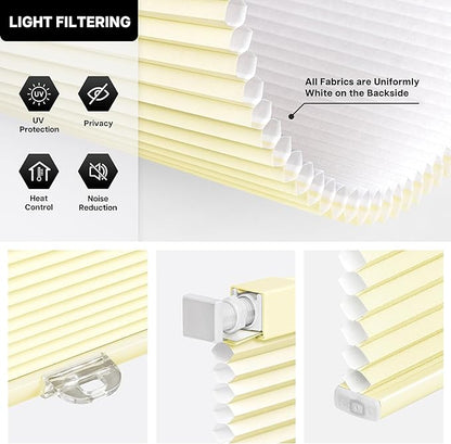 LazBlinds Cordless Cellular Shades, No Tools No Drill Light Filtering Honeycomb Shades Pleated Blinds for Windows, 28'' W x 64'' H, Alabaster